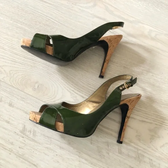 Guess by Marciano Green Leather High Heel Slingback Cork Heels - Picture 6 of 16